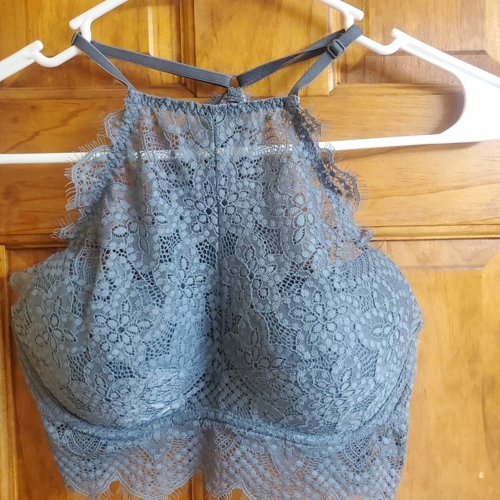 PINK‎ Victoria's Secret Small Bralette Womens Blue Lace High Neck Push Up Boho